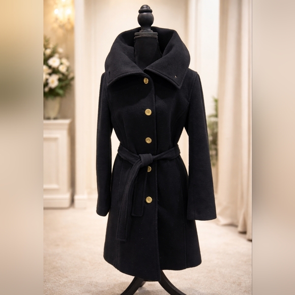 Coach Jackets & Blazers - Authentic Coach Double Breasted Wool Angora Belted Coat Size M Black Gold Button